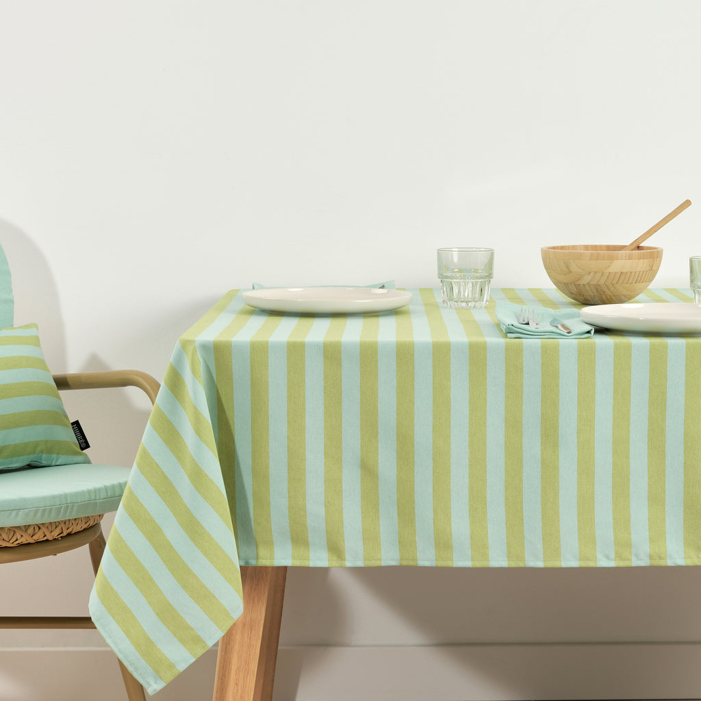 Mantel de tela jacquard Maglia Raya Pistacho y Turquesa