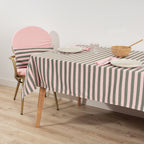 Mantel de tela jacquard Maglia Raya Rosa y Musgo
