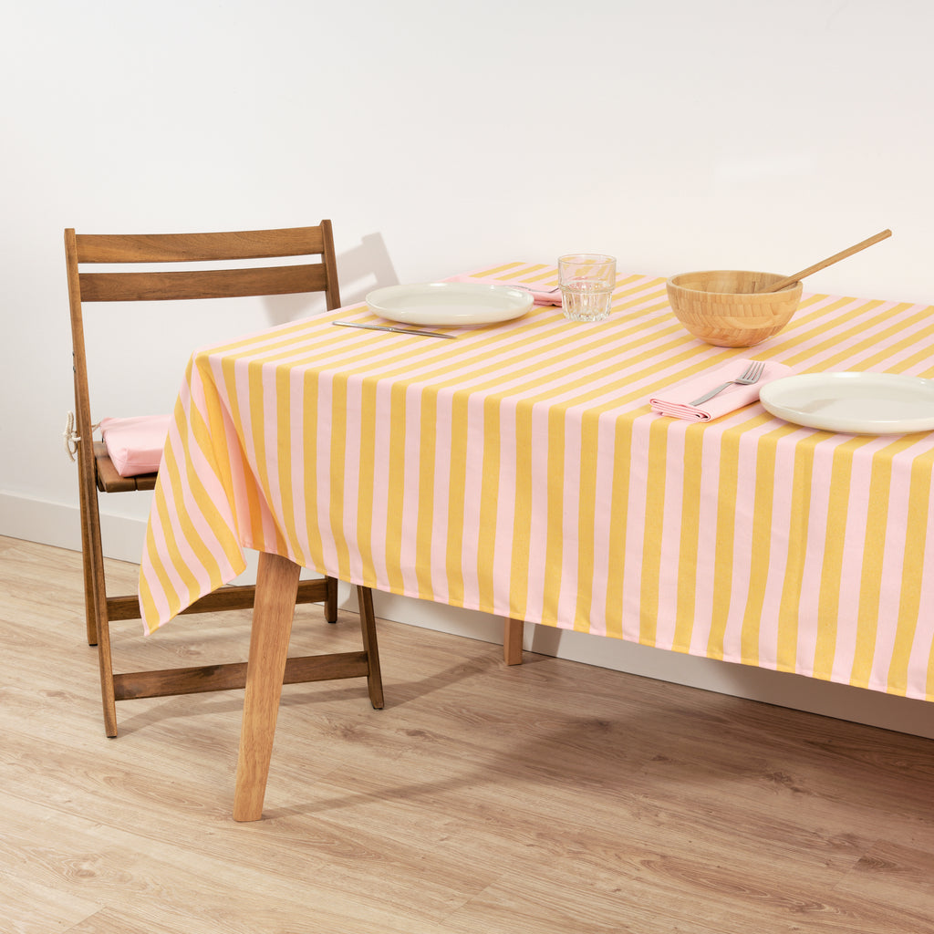 Mantel de tela jacquard Maglia Raya Rosa y Yema