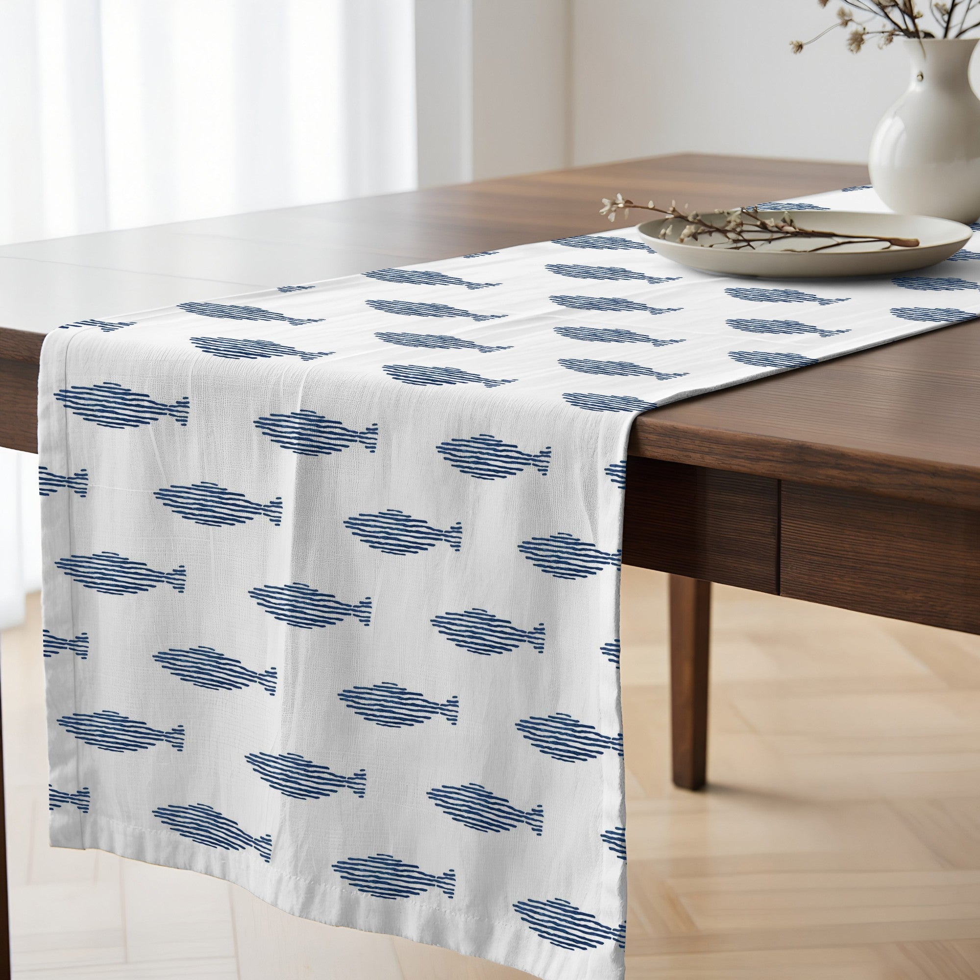 Camino de mesa 100% algodón Coord Marino Peces Red. 50x150 cm
