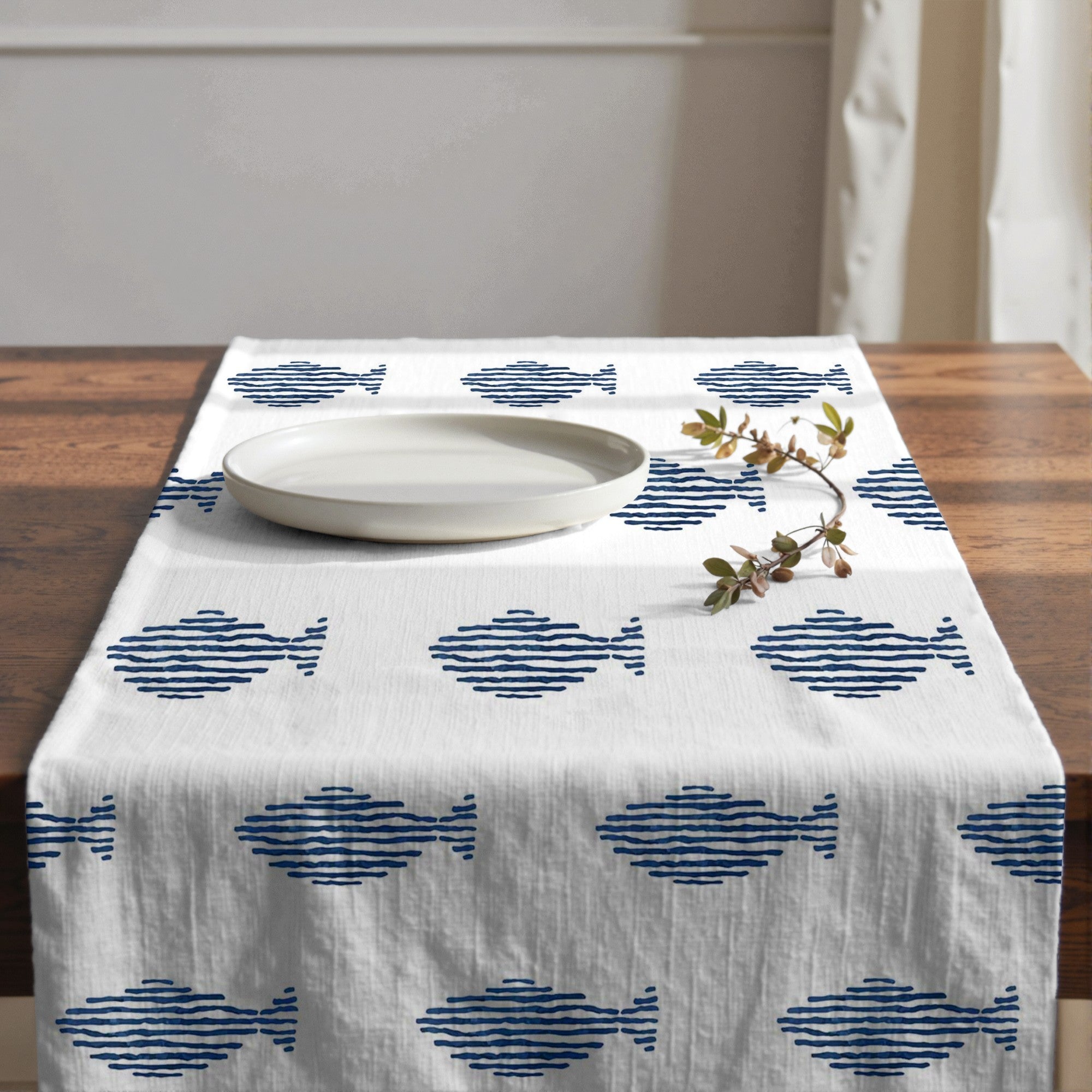 Camino de mesa 100% algodón Coord Marino Peces Red. 50x150 cm